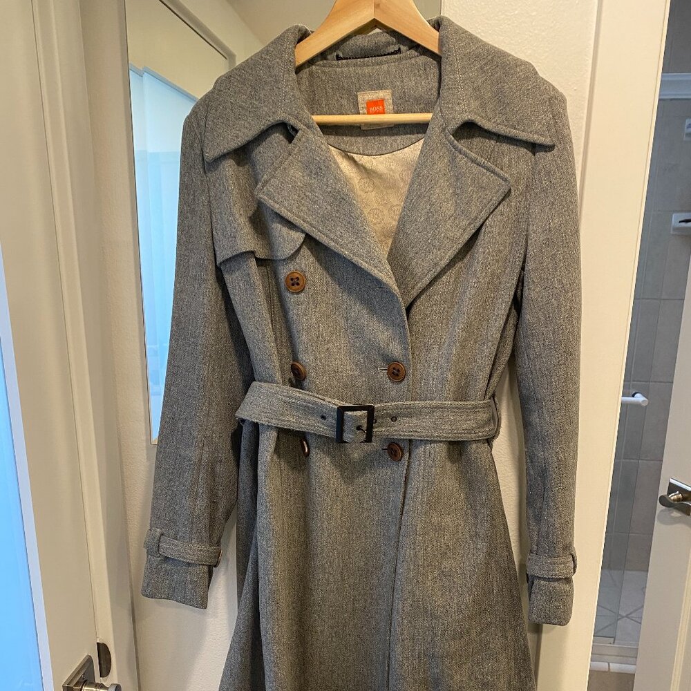 Vintage BOSS Orange Wool Trench Coat “Okelly1” – Grey, Early 2000s, Satin Lining